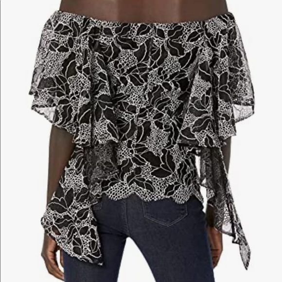 Halston Heritage Off the Shoulder Flounce Mesh Lace Embroidered Top 12 14 - Picture 2 of 8